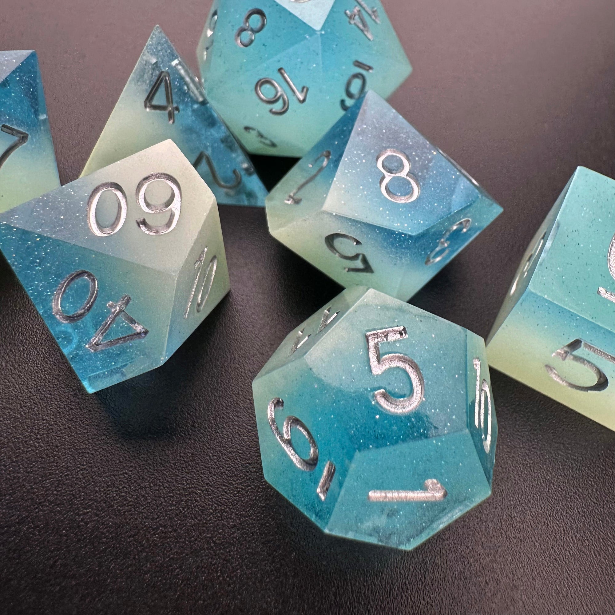 Frosted Eclipse - Glow in the Dark Sharp Edge Resin 7pc DnD Dice Set-MinMax Misfits