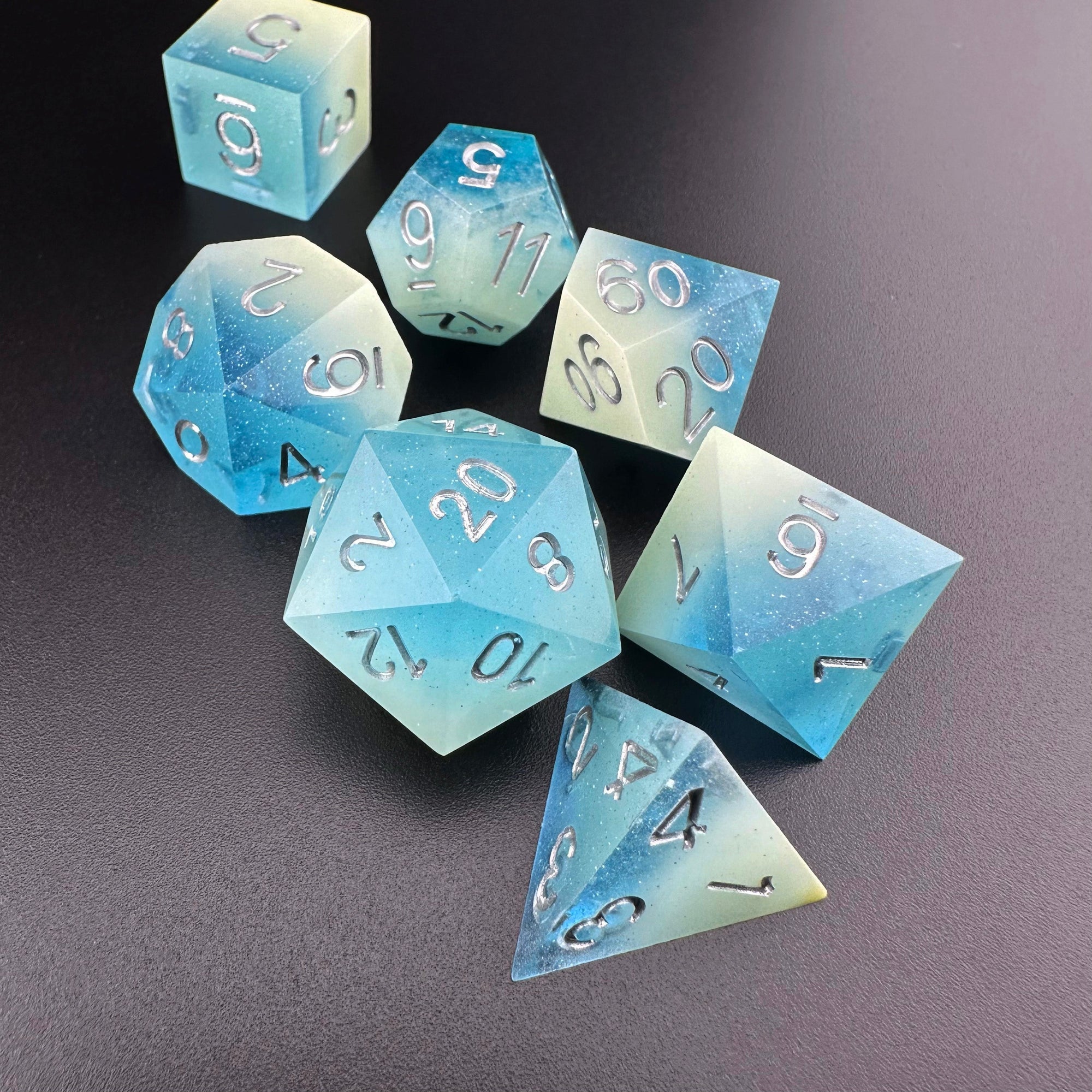 Frosted Eclipse - Glow in the Dark Sharp Edge Resin 7pc DnD Dice Set-MinMax Misfits