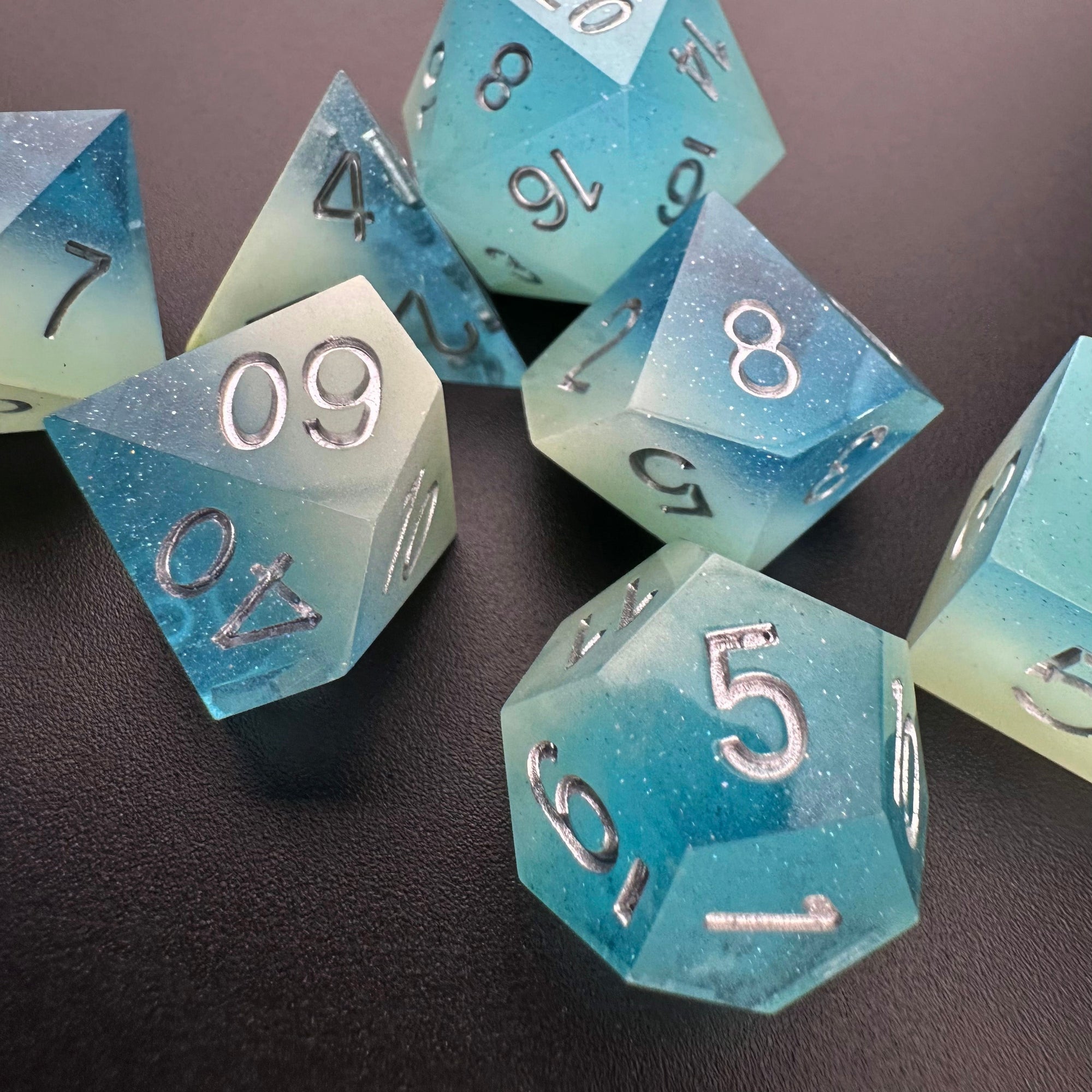 Frosted Eclipse - Glow in the Dark Sharp Edge Resin 7pc DnD Dice Set-MinMax Misfits