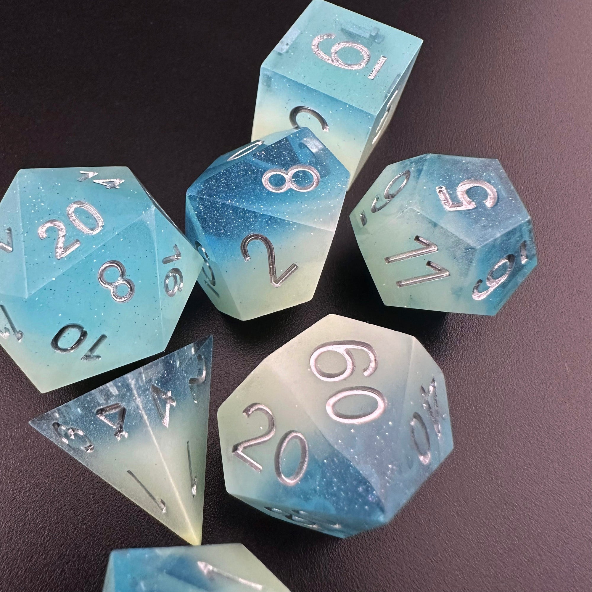 Frosted Eclipse - Glow in the Dark Sharp Edge Resin 7pc DnD Dice Set-MinMax Misfits