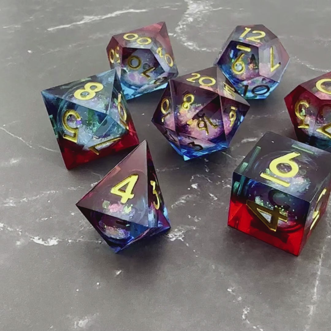 Searing Prophet - Liquid Core 7pc Resin Sharp Edge DnD Dice Set